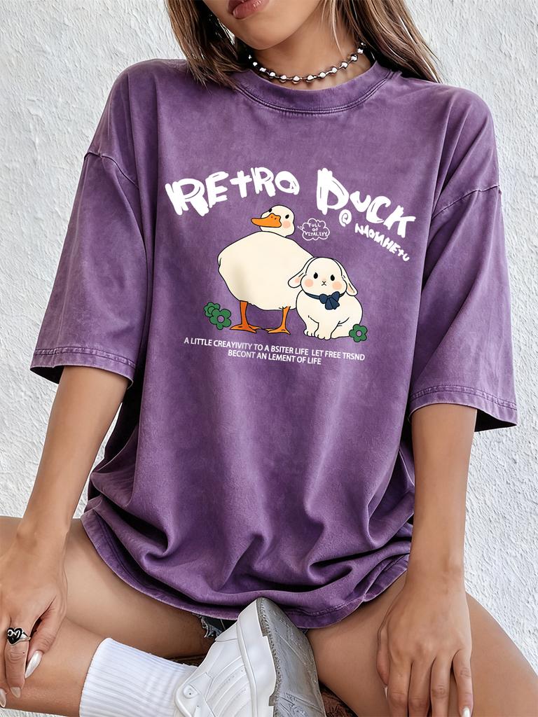 Retro Duck Rabbit Cotton Washed TShirts Womens Summer Oversized Tops Distressed ONeck Comfortable Tees Basic Womans Clothes