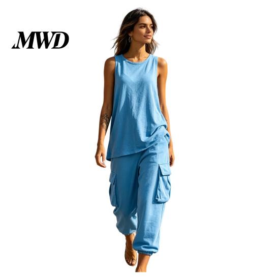 Lightweight Women Suit Women s Two Piece Outfits, Crew Neck Sleeveless Tank Top Relaxed Fit Two-piece Outfit And Cropped Cargo Pants Summer Tracksuit L небесно-голубой