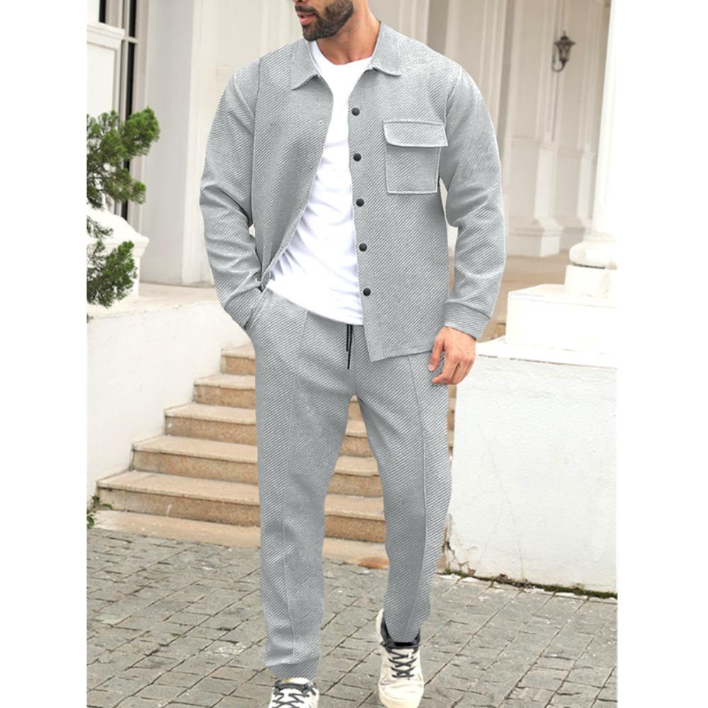 Men's Slim Fit Cardigan Jacket Single-breasted Pocket Long Sleeved Sportswear Elegant Two-Piece Set with Long Pants