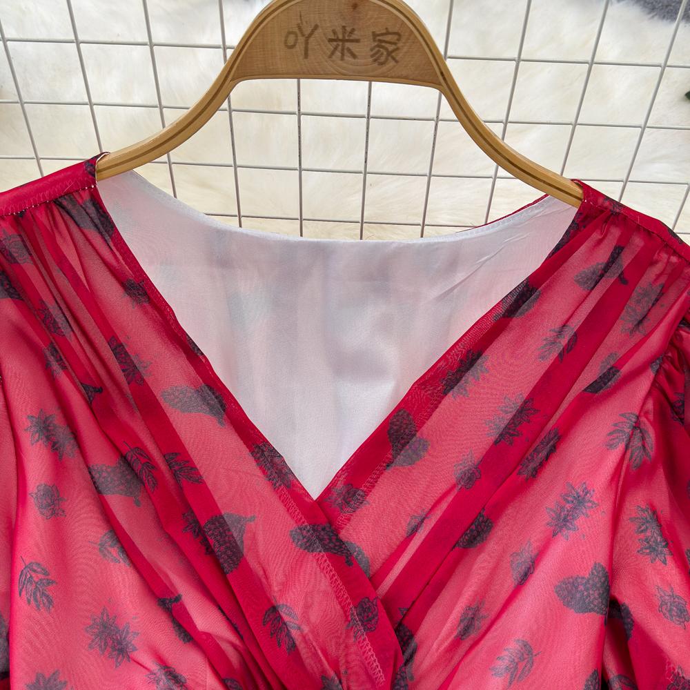 Fashion Dress for Women V Neck A-line Flounced Edge Printing Chiffon Vestidos Lace-up Folds Lining Dresses Summer