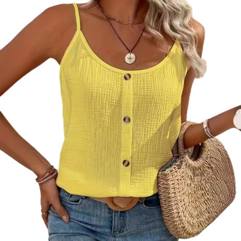 Women Scoop Neck Three Wooden Buttons Textured Sleeveless Loose Casual Top
