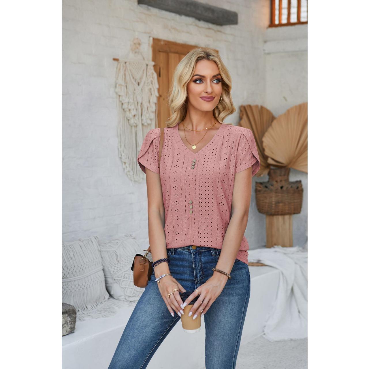 

GMXIA Women s Spring Summer V-neck Button Spliced Petal Sleeve Solid Color T-shirt XXL