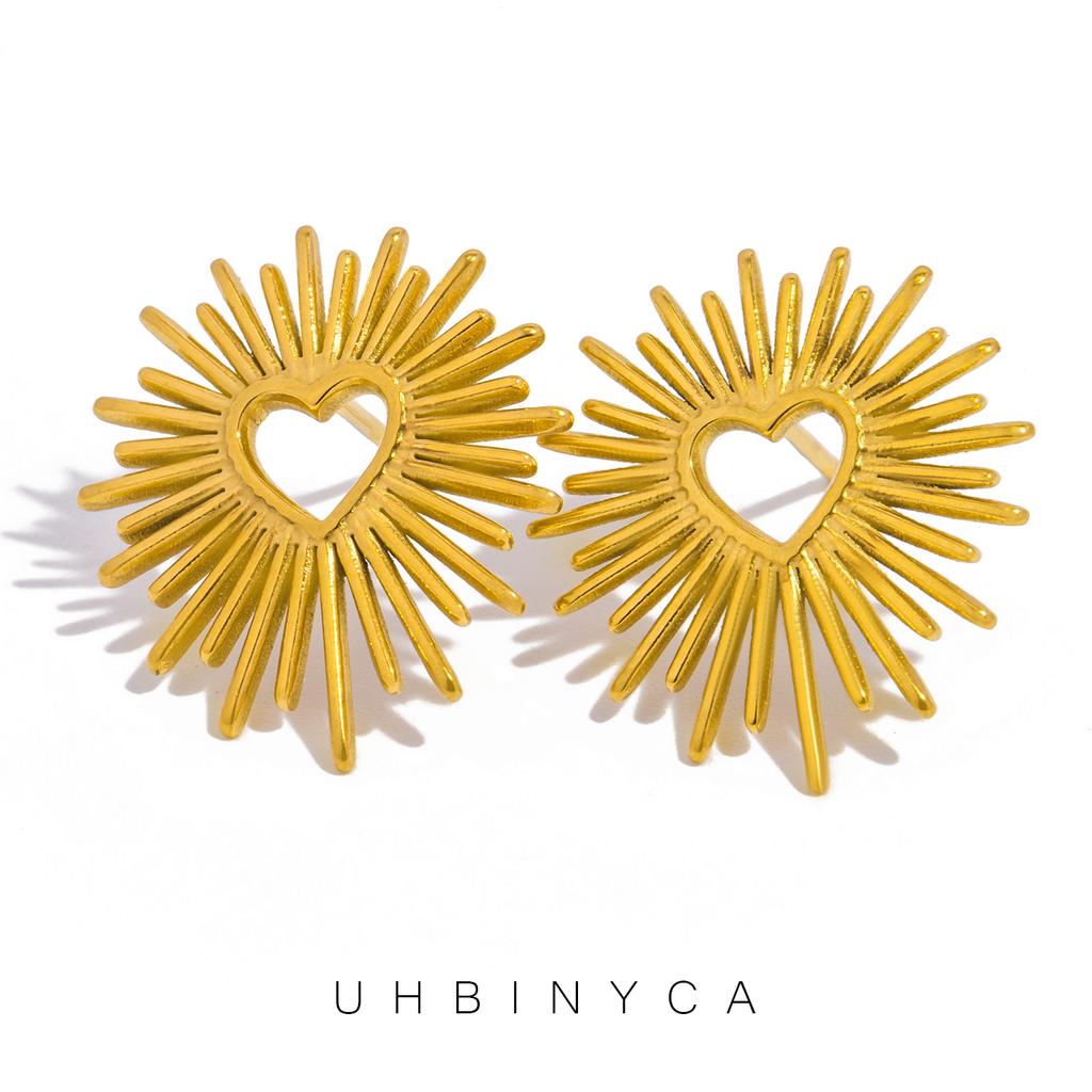 Orecchini a Cuore e Fiore in Acciaio Inossidabile Vintage Placcati Oro 18K con Texture Titanio Statement Gioielli per Orecchie da Donna Regalo