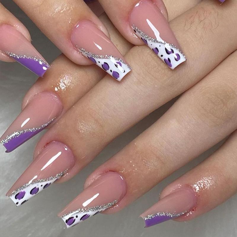 

Purple Cow Print Medium-Long Wearable False Nails - 24-Piece Set Glue Type