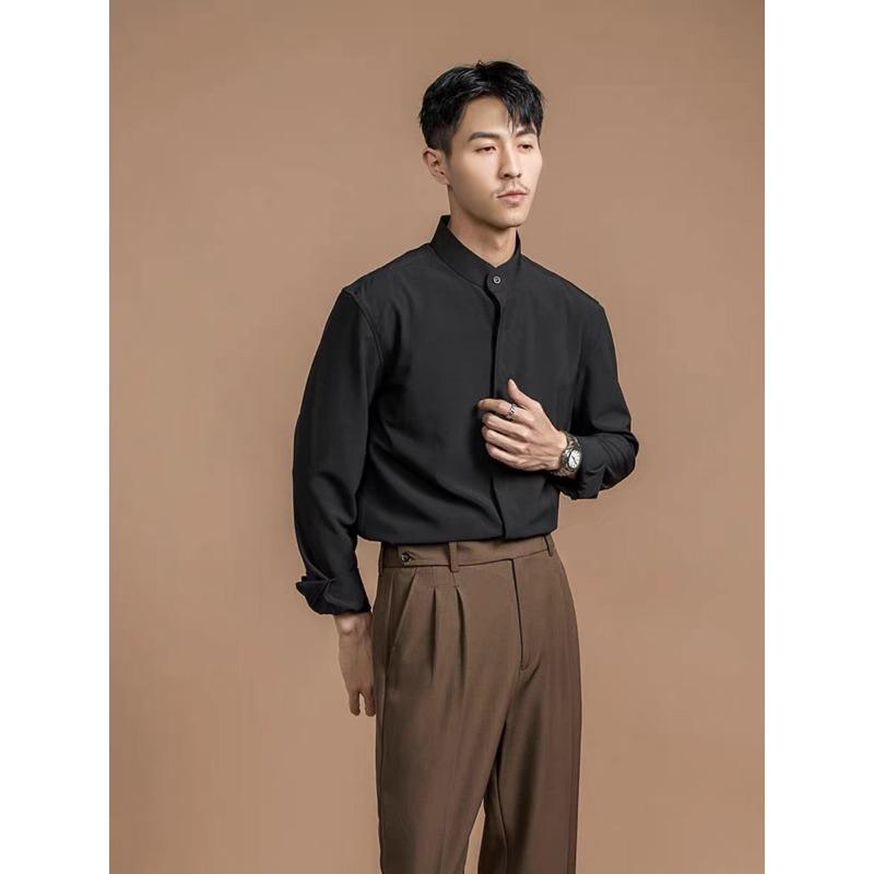 Mens Stand Collar Non Iron Slim Fit Long Sleeve Cool Casual Shirt