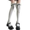 Fashionable Over The Knee Socks with Cute Ribbon Bowknot Stretchy Lace Trimmed Thigh High Long Stockings for Women
