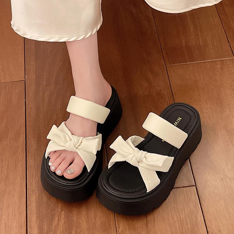 2025 Summer Women's Cool Slippers Casual Bow New Outer Wear Thick-soled Skirt One-word Drag 100 with Height Increase Drag