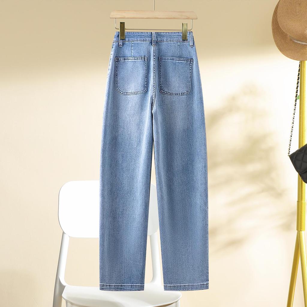 Women's Washed Blue Wide-Leg Jeans - 2025 Spring/Autumn Trendy Scimitar-Cut Loose Slimming Banana Pants