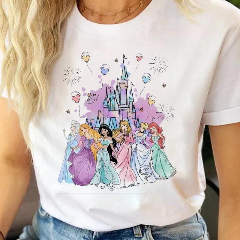 Fashion Cartoon Princess Printed T Shirt Watercolor Magic Castle Princess Women T Shirt Short Sleeves Crew Neck FeUnisex Clothes