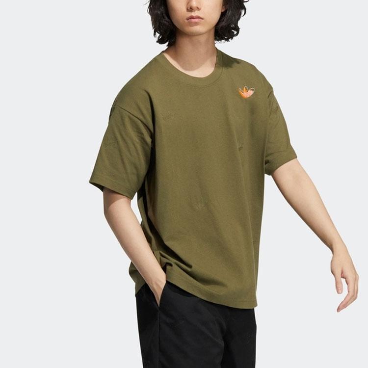 Adidas Originals Trefoil Logo Print Solid Color Crew Neck Short Sleeve T-Shirt Unisex Tops Dark-Olive-Green HS1915