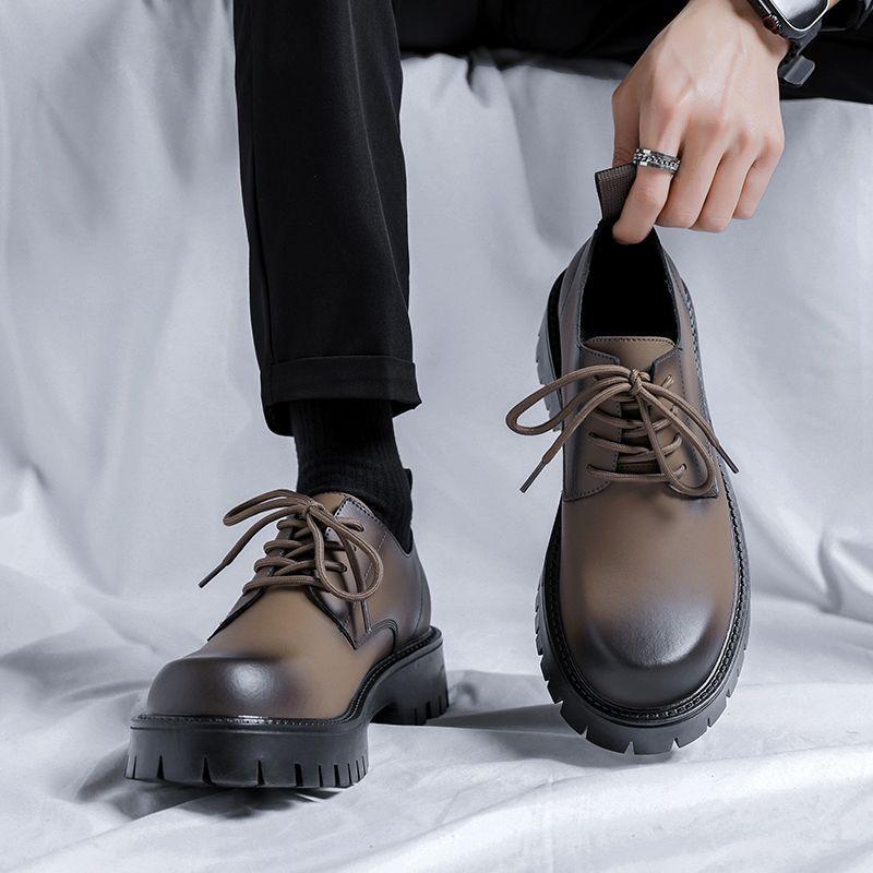 Derby Leather Shoes Men's British Style High Sense Korean Version Trend Leather Thick Sole Height Increase Wedding Groom Best Man Shoes