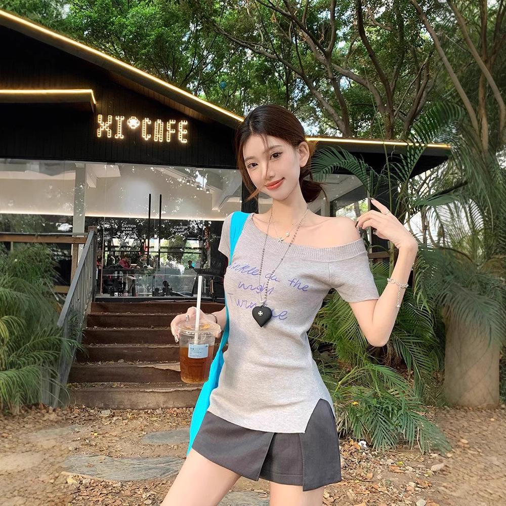 Modal Off-Shoulder Buchstabenprint Kurzarm Damen Schlankmachendes Sommeroberteil