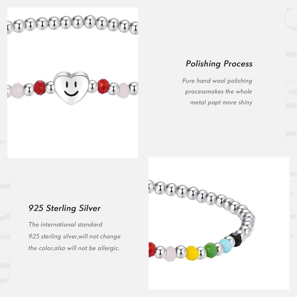 MODIAN 925 Sterling Silver Colorful Heart Love Smile Basic Beads Bracelet Adjustable Elastic Bracelets For Women Jewelry Gift