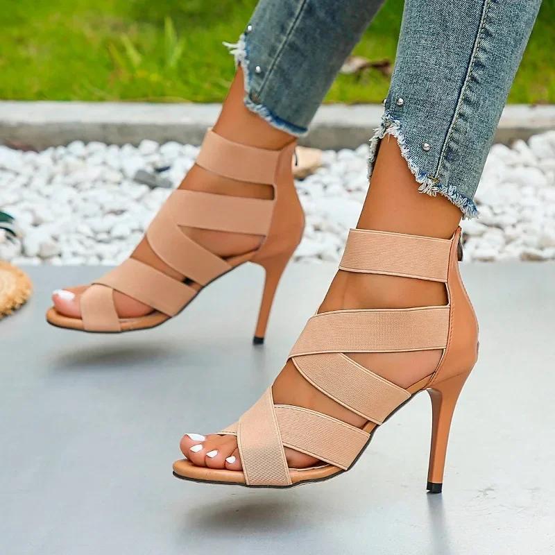 Fashion 2024 High Quality Women's Shoes Back Zip Women's Sandals Fashion Cover Heel Office and Career New Solid Peep Toe Heeled Sandals