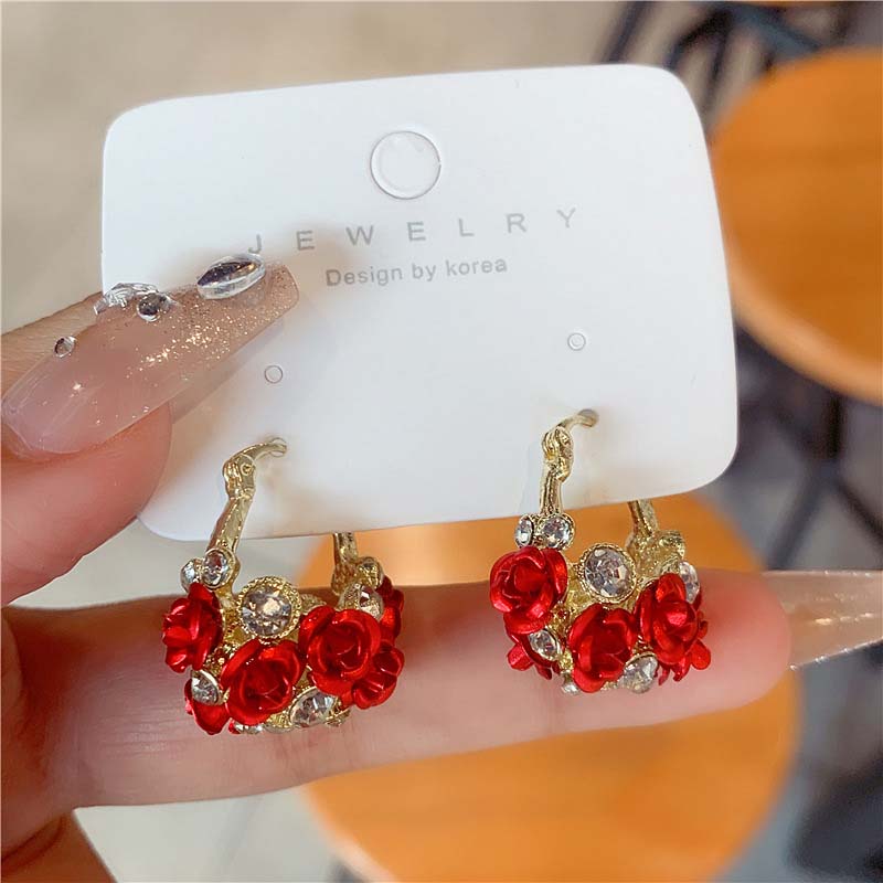 Vintage Red Rose Flower Hoop Earrings For Women Exquisite Elegant Zircon Circle Earrings Jewelry Wedding Party Premium Gifts