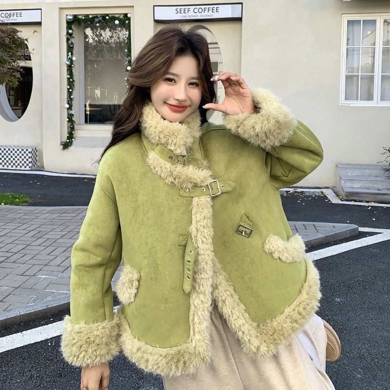 

Winter Warm Green Lamb Fur Women Fashion Coat Thick Short Jacket L зелений