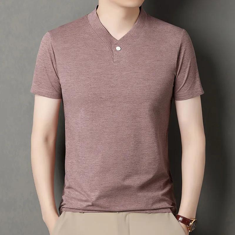 2026 Korean Style Men's Casual and Fashionable One Button V-neck Solid Color Short Sleeved T-shirt Summer Versatile Top