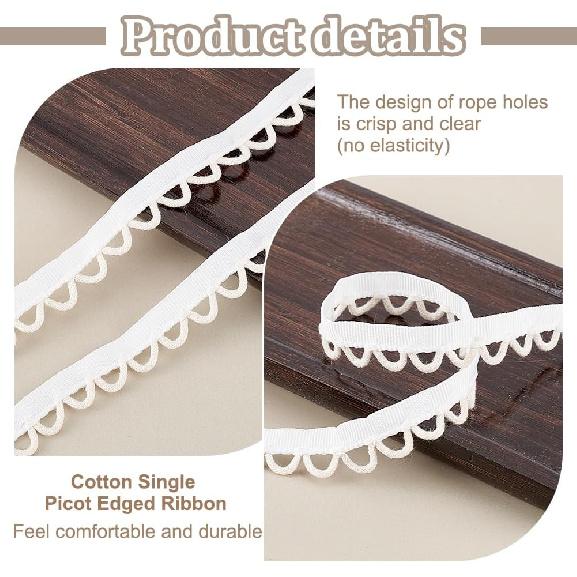 PH PandaHall 10 Yards Cotton Petite Braid Trim with Loop 5/8 inch Buttonhole Ribbon Braid Trim White Buttonhole Lace Trim for Wedding Bridal Dress