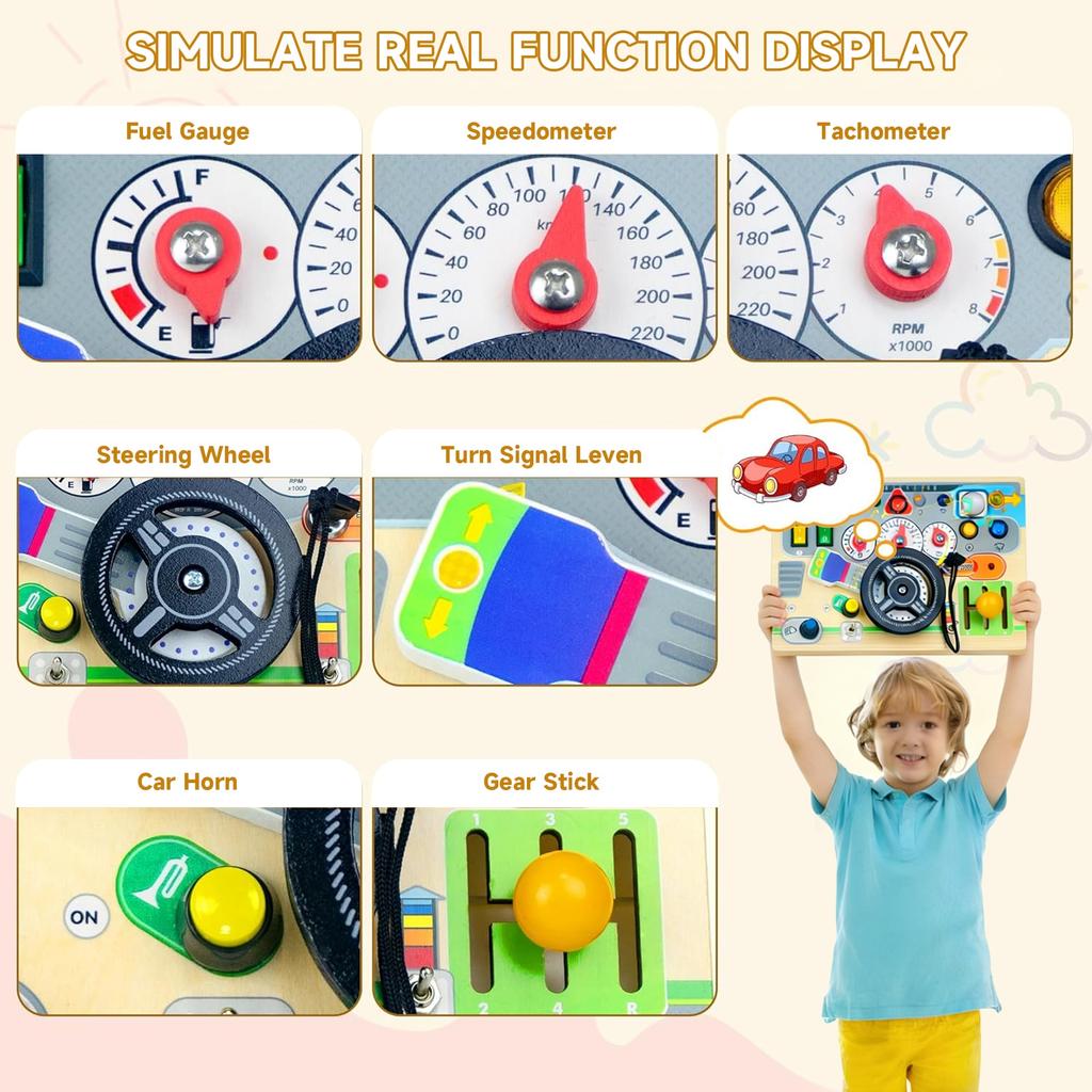Morovan Montessori Busy Board, Sensorisches Aktivitätsbrett mit Schaltern Knöpfen, Reisespielzeug für Kleinkinder Jungen Mädchen, 21,5x14,5x3cm, Mehrfarbig