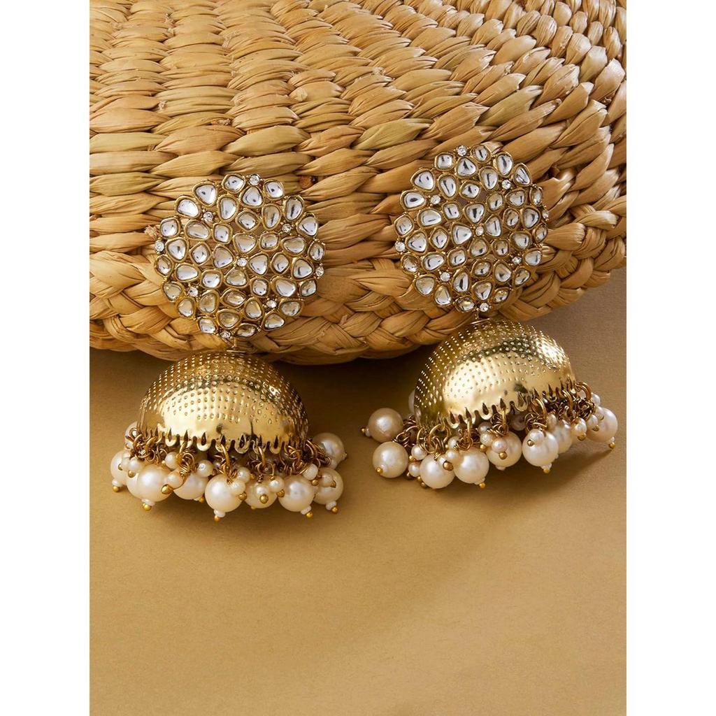 Antique Gold Tone Kundan Embellished Jhumki Earring For Women