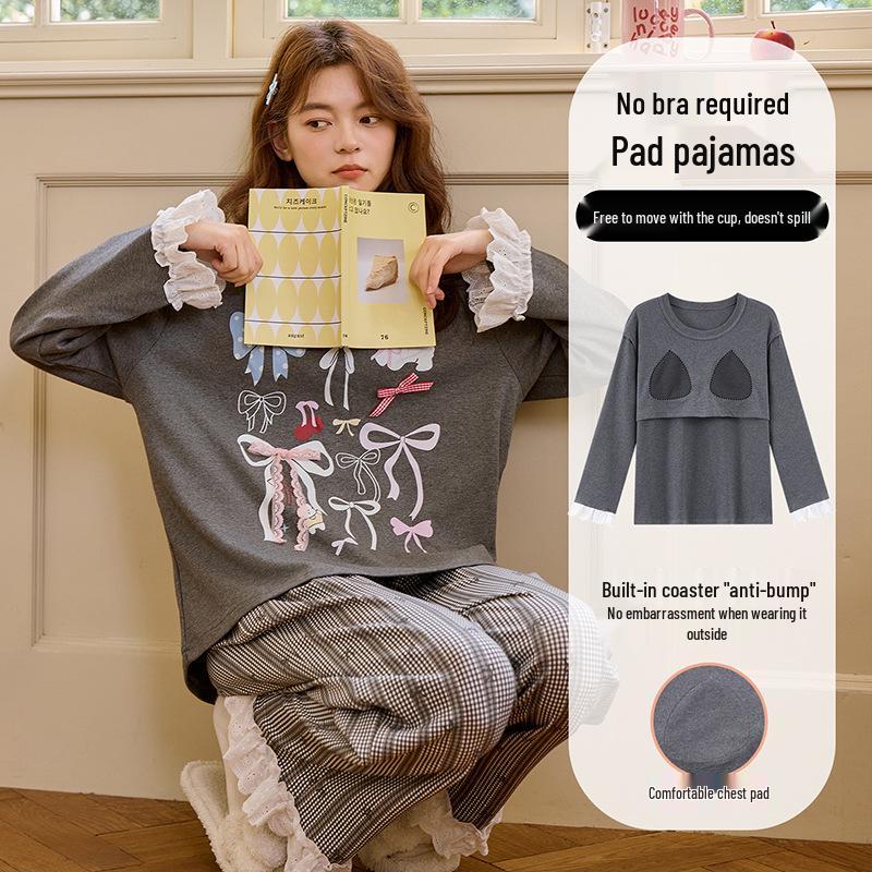 Women's Cute Cartoon Cotton Pajama Set with Chest Pad – Long Sleeve & Pants for Spring/Autumn