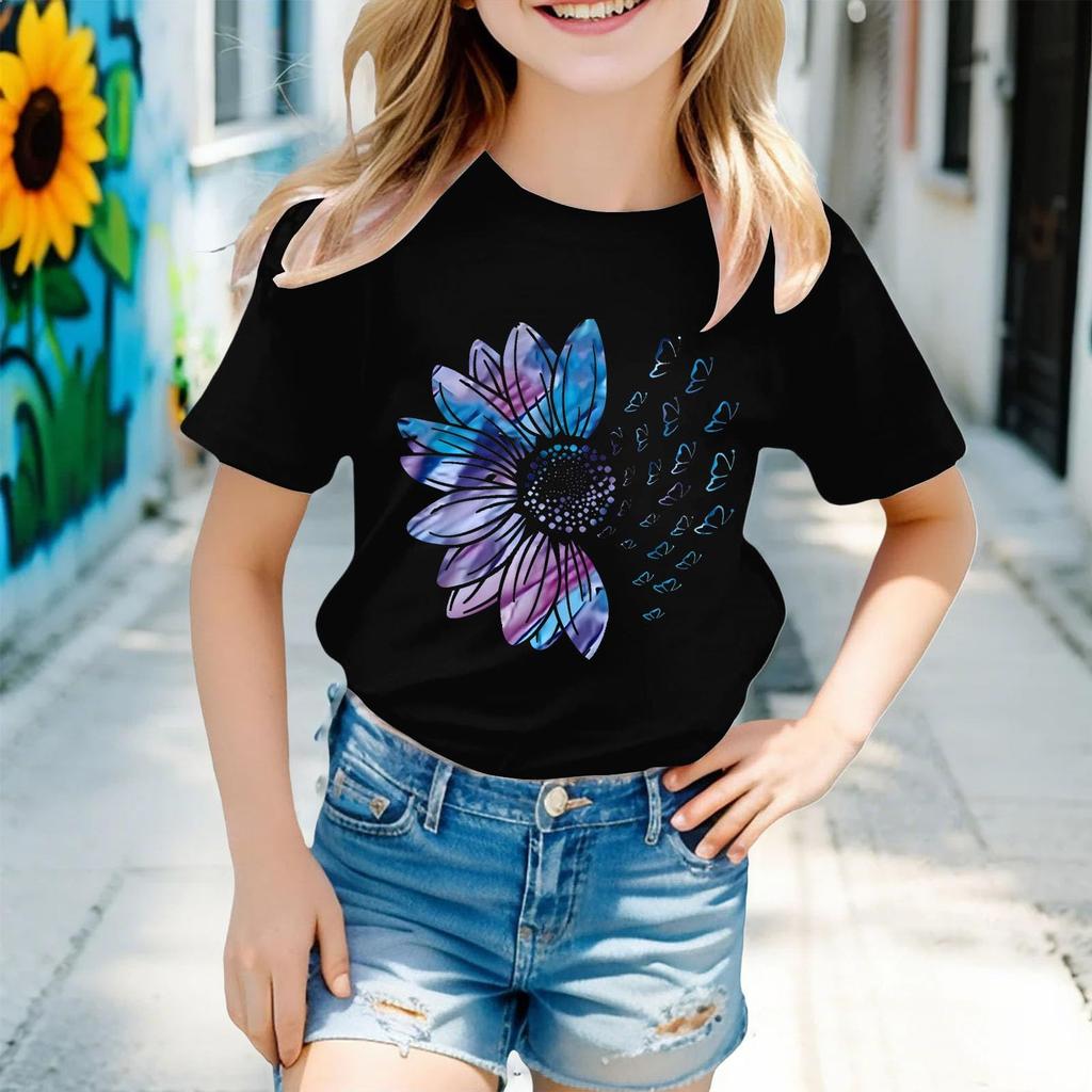 Kindermode Kurzarm Rundhals Floral Bedruckt Lässiges T-Shirt Top