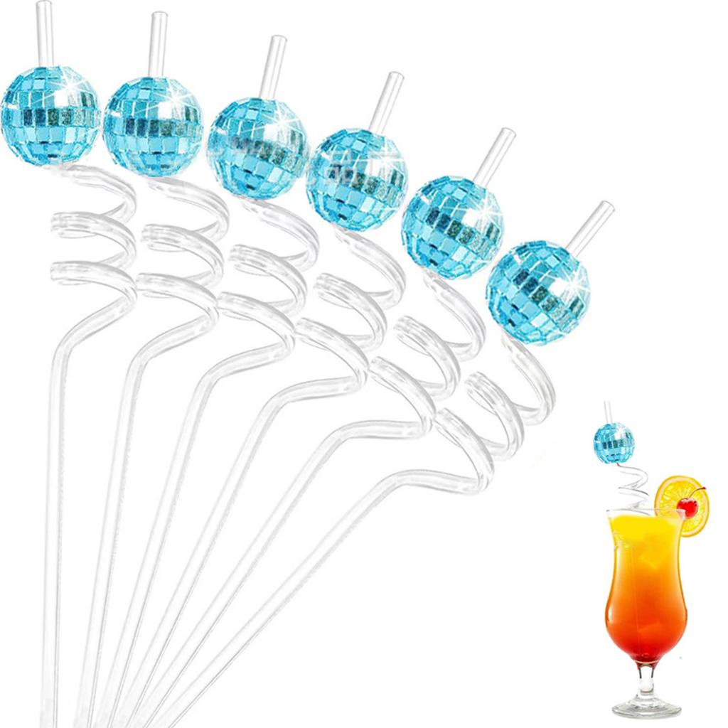 6Pieces Discos Balls Straws 1970s Discos Party Decorations Reusable Plastic Straws Reflective Stirrers Cocktail Decor