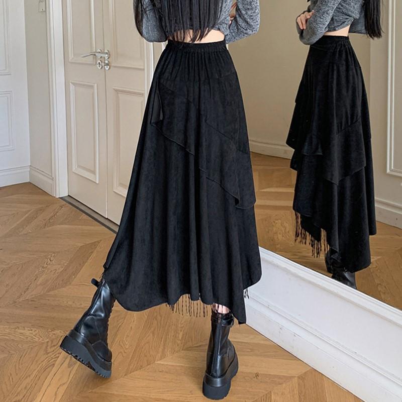 Wildleder-Spitzenrock Damen Hohe Taille Vintage Locker Lang