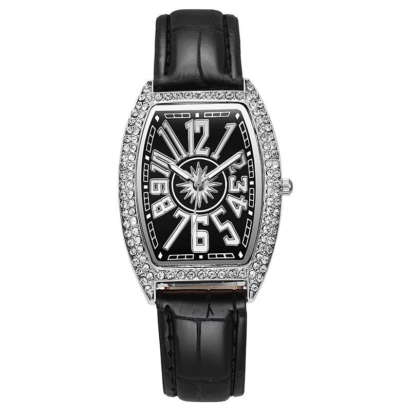 Ladies Leather Belt Rhinestone Watch Barrel-shaped Roman Numeral Wristwatch