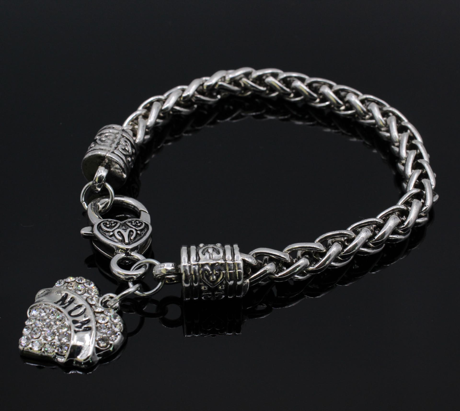 European  American Fashion Retro Rhinestone Heart  Mom  Bracelet