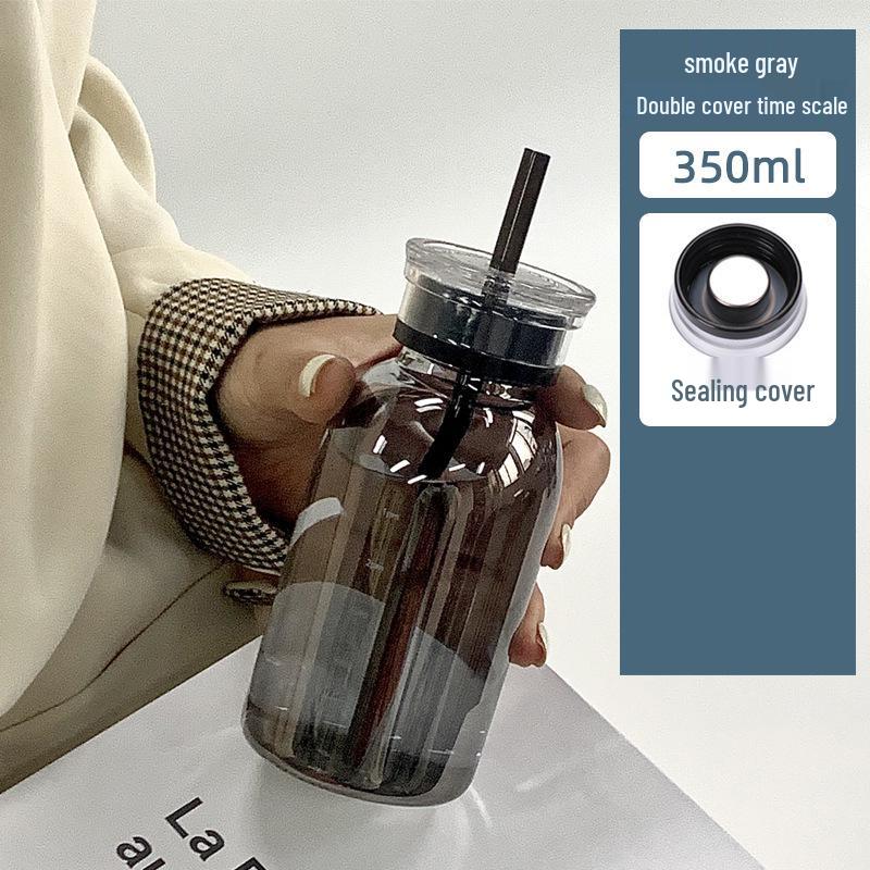 Double-Lid High Borosilicate Glass Travel Cup with Leather Sleeve