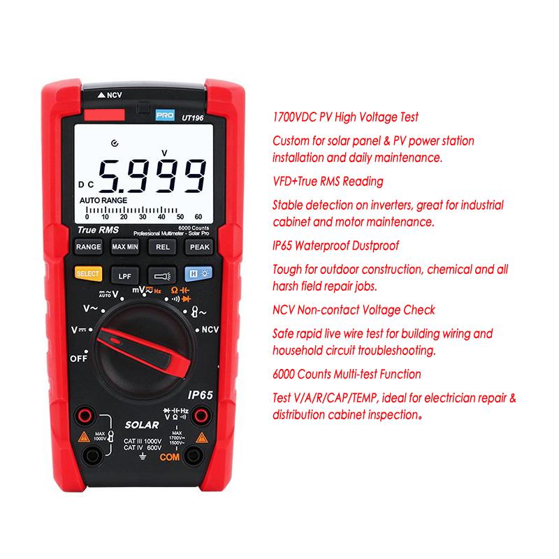 1700VDC True RMS Digital Multimeter IP65 Waterproof PV Solar Tester With VFD & NCV Function for Solar Panel & Industrial Repair