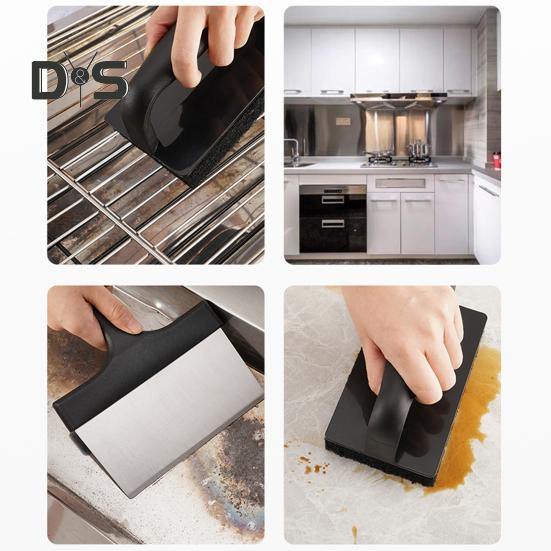 Grillschaber-Set, Lebensmittelschaber mit Schwämmen, robustes Reinigungsset für Grillplatten aus Edelstahl, flaches Reinigungswerkzeug für die Grillküche