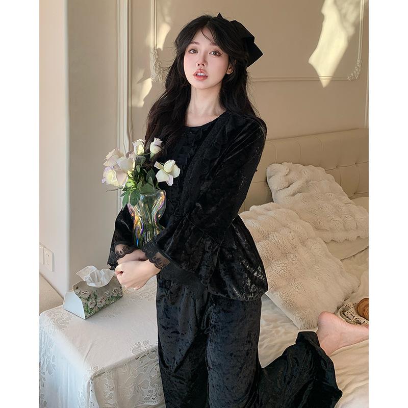 

Court lace elegant wind gold diamond fleece women s pajamas autumn and winter long-sleeved loungewear warm and comfortable suit XL