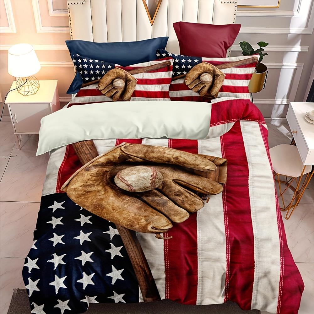 Baseball Amerikanische Flagge Druck Bettwäscheset Weiche Bequeme Bettdecke Für Schlafzimmer Gästezimmer 1*Bettbezug + 2*Kissenbezüge