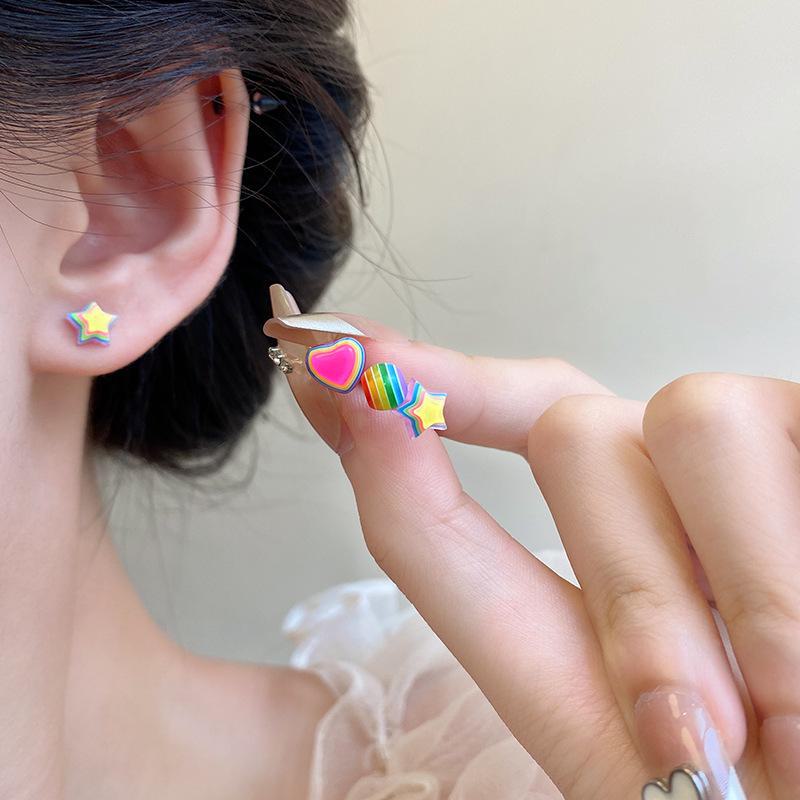 Dopamin Bonbon Regenbogen Stern Ohrringe Set für Frauen - Trendiges Liebesdesign für Studentinnen und Influencer