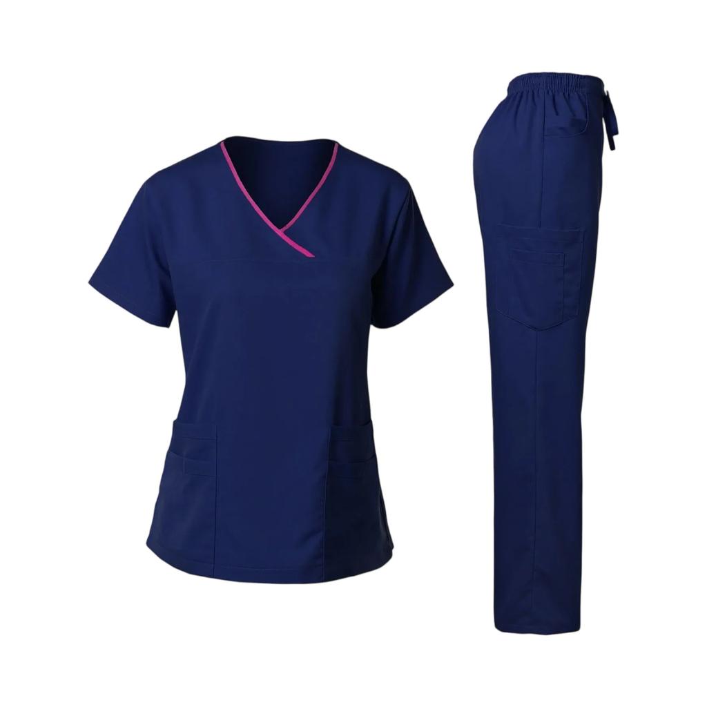 Ladies' Loose And Comfortable V-neck Short Sleeved Workwear With Multiple Pockets Suit Set
