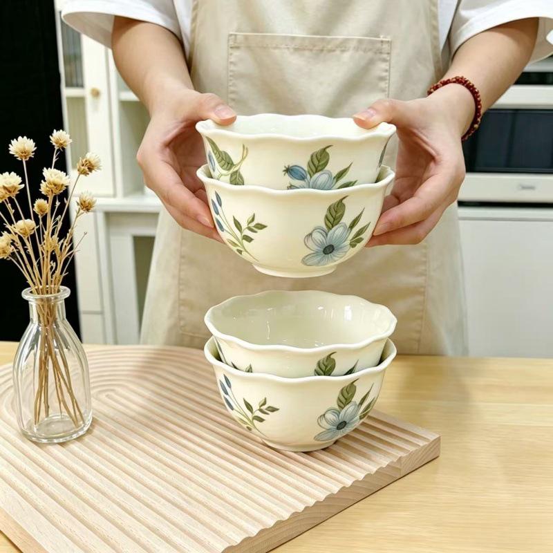 Japanese Ceramic Bluebell Lace Rice & Soup Bowl - Elegant Tableware