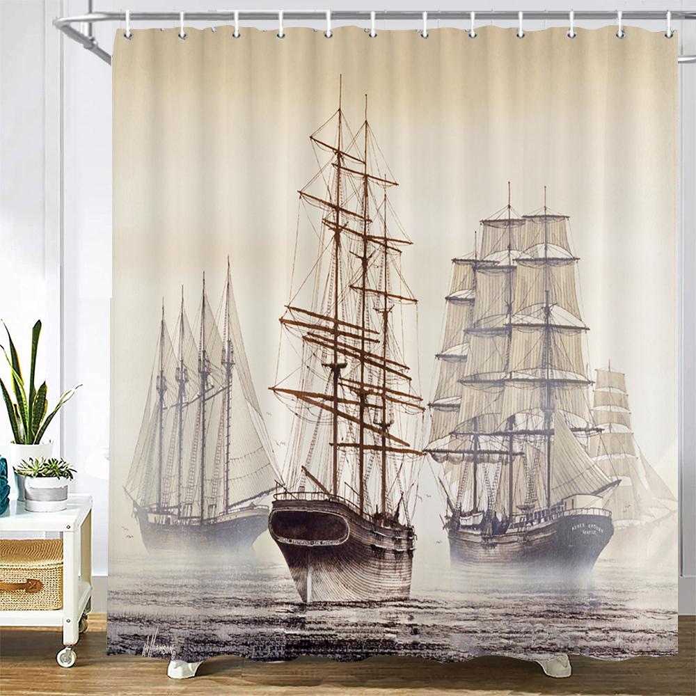 

1 Pcs Retro Navigation Sailboat Printed Shower Curtain Bathroom Partition Bathroom Curtain With Hooks Home Decorative Curtain W60H190(CM)-1 Pcs