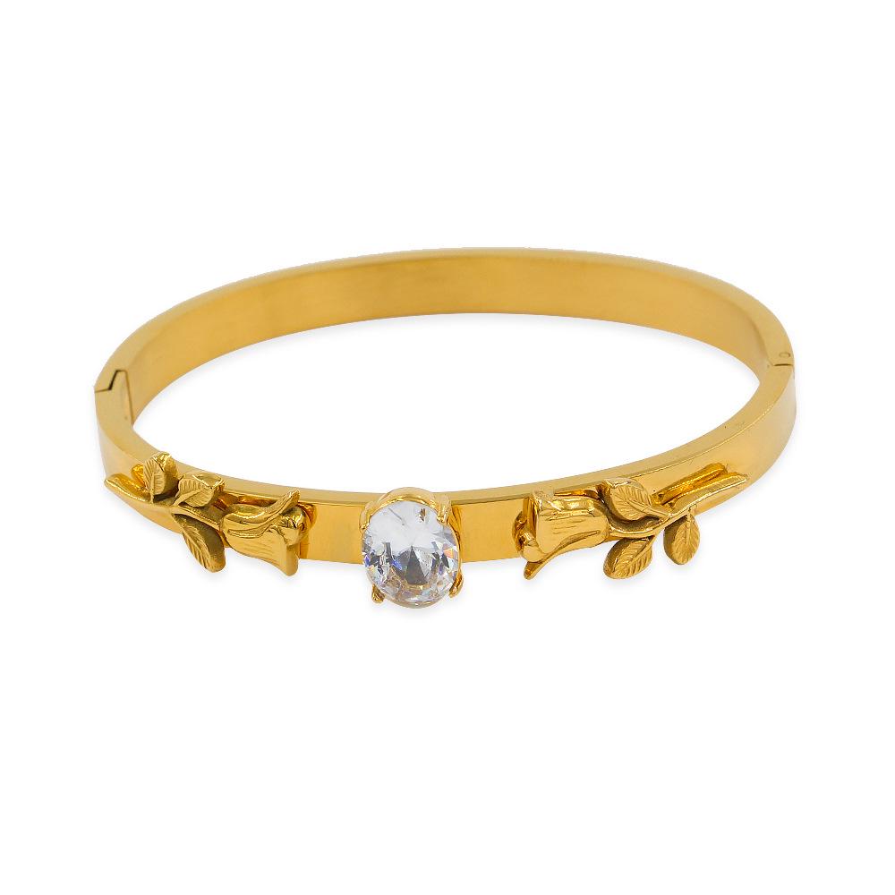 18K Gold Rose Flower Diamond Inlaid Stainless Steel Bracelet - High-Class Fashion Jewelry