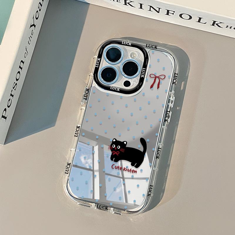 

Blue Polka Dot Black Cat for IPhone17promax Cream Mirror Phone Case Oil 16 New 15 Cartoon 14 For Apple 6