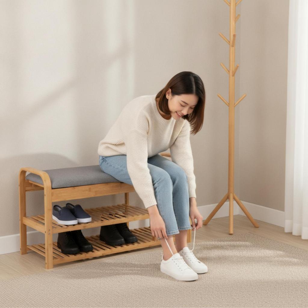 Shoe Bench with Padded Bamboo Storage Sturdy for Mudroom