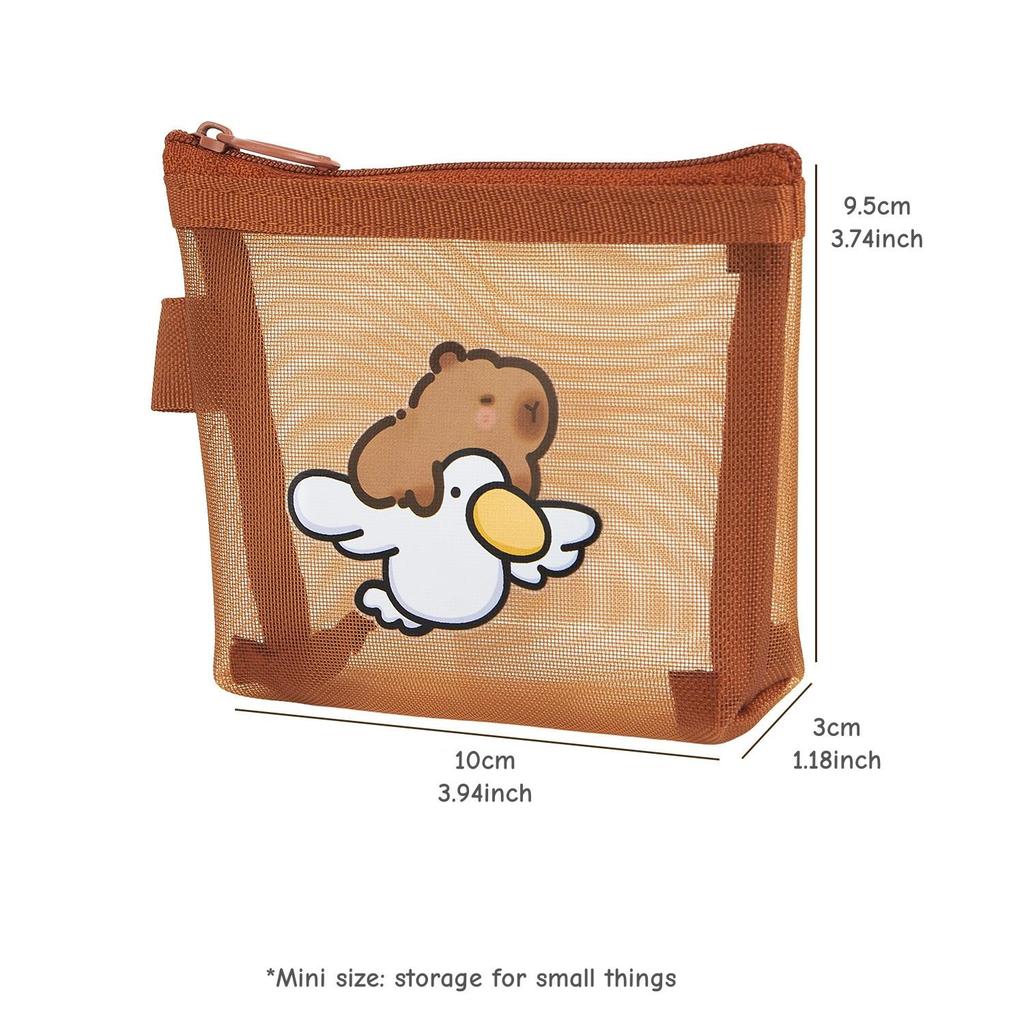 Mini Capybara Mesh Pencil Storage Bag Portable Transparent Pouch for Pens Erasers Cartoon Design Simple Pocket Organizer