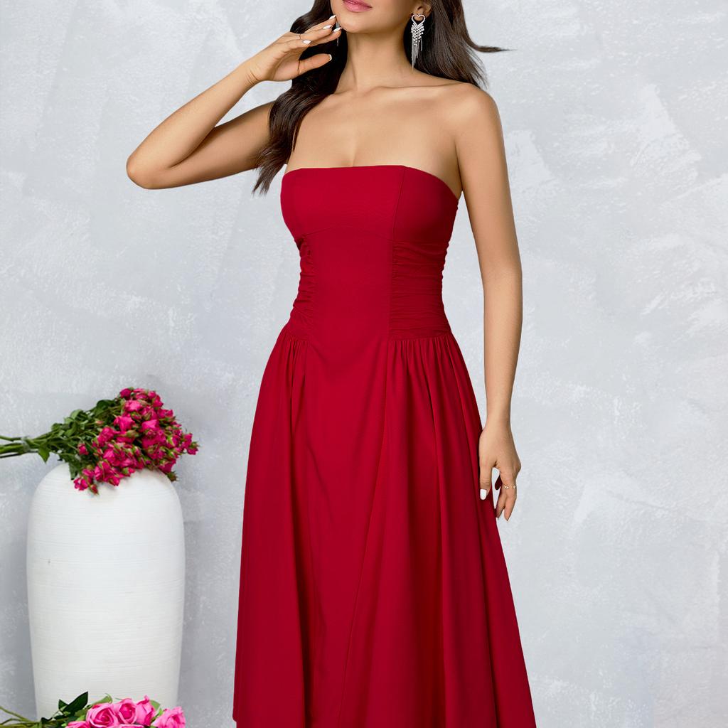 New Holiday Style Tube Top Solid Color Dress, Sexy Temperament Backless Slim A Word Medium and Long Dress Skirt