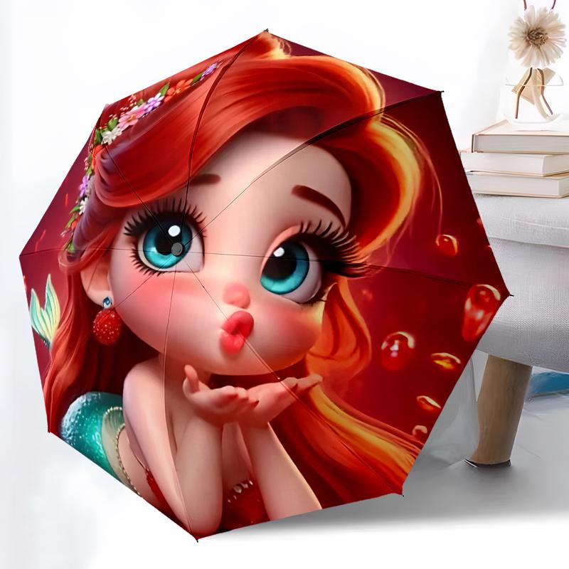 1pc Sturdy 8-Bone Auto Umbrella, Ariel Little Mermaid Pastel Ocean Floral Umbrella, Digital Printed, Foldable Umbrella for On-the-Go Outdoor Use