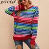 Autumn/Winter Colourful Knitwear Long-sleeved O-neck Striped Knit Jumper Relaxed-fit Casual Colour-blocked Distressed Knit Sweater