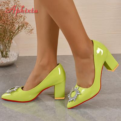 Fashion Aphixta Luxury Crystals Plum Blossom Buckle 7cm Square Heels Pumps Women Shoes Pointed Toe Pumps Super Big Size 49 50