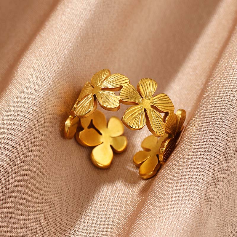 Stainless Steel Gold Color Irregular Geometric Opening Rings for Women Fashion Metal Texture Wide Rings Aesthetic Zircon Gift