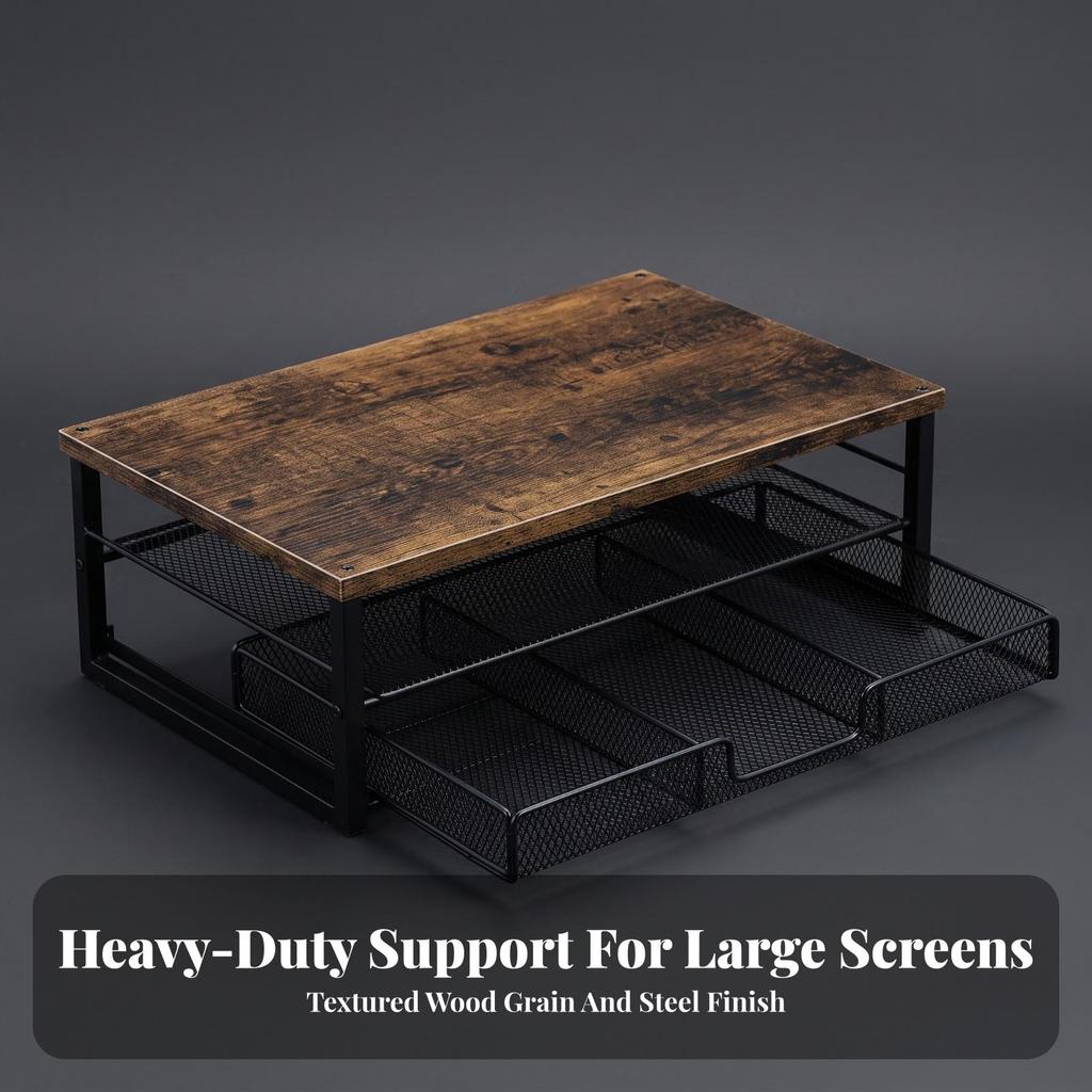 Ergonomic Screen Riser with Storage | WoodGrain Wooden Top, SpaceSaving Design, Computer Stand