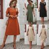 Summer Women's Cotton Linen Solid Colour Loose Round Neck Short Sleeve Dresses